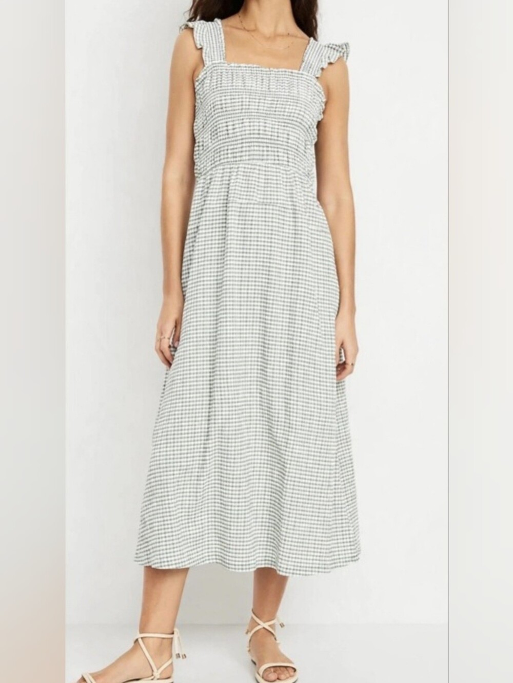 Old Navy Green Gingham Smocked Midi Dress M Ruffle Cottagecore